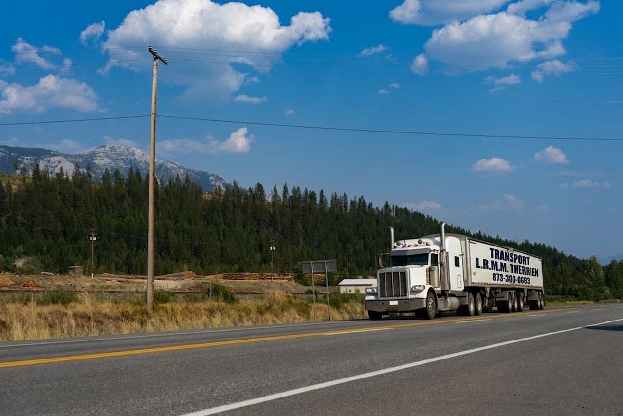 Camion sur une route régionale en Abitibi-Ouest, tôt le matin